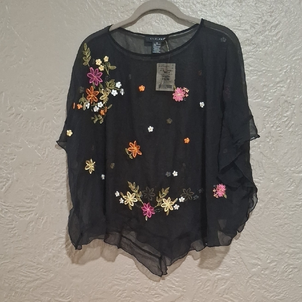 New.SilkLand Black Sheer Blouse with Multicolor Floral Embroidery Size M